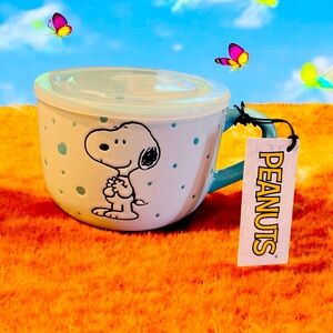 NWT Peanuts Snoopy Freckled Joy 23oz White/ Blue Coffee Soup Bowl w Vented Lid